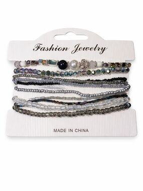Stackable Beaded Bracelet- Set Of 10! - Iridescent Gray And Silver